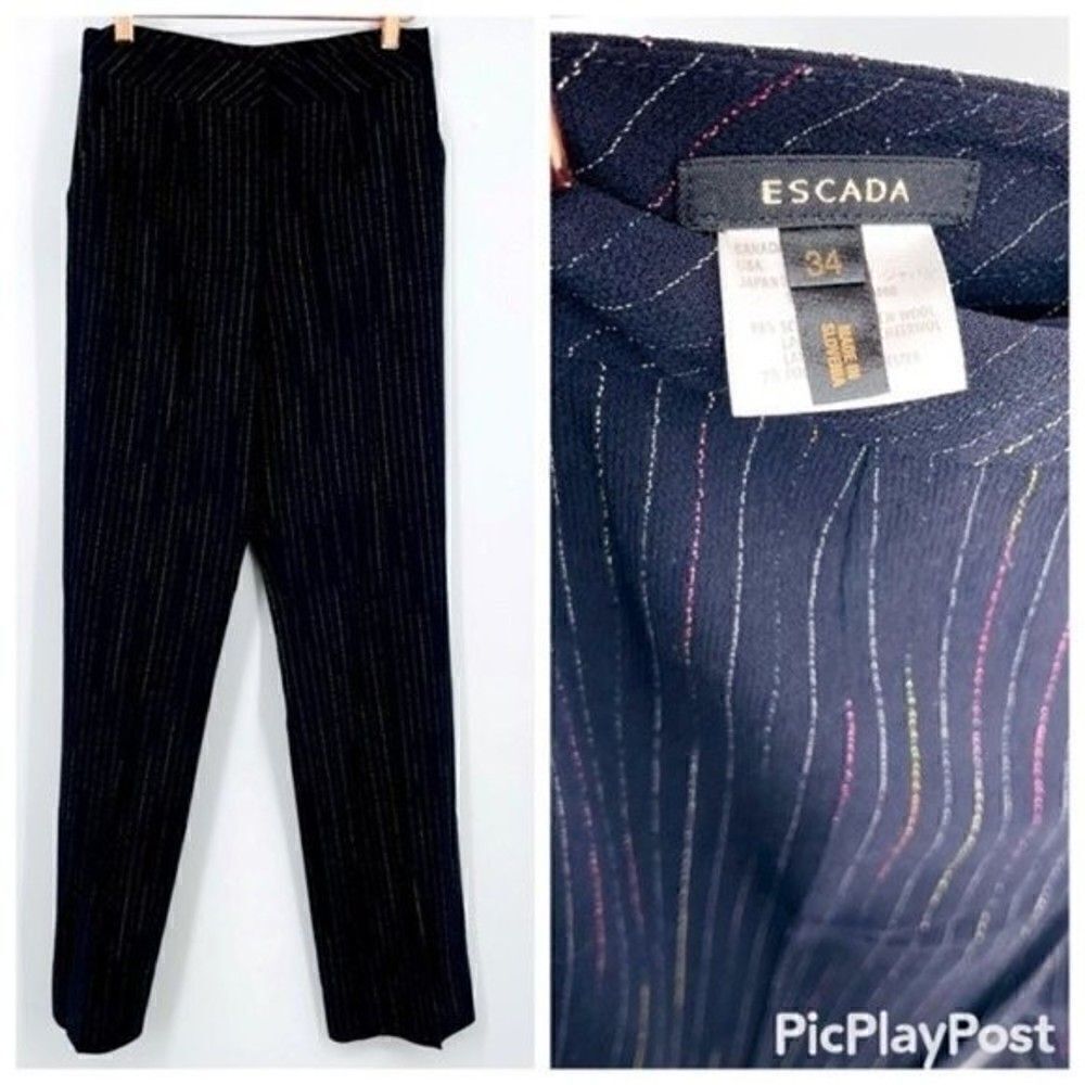 Escada wool dress pants straight cut with pockets black striped colorful 34 BoxH